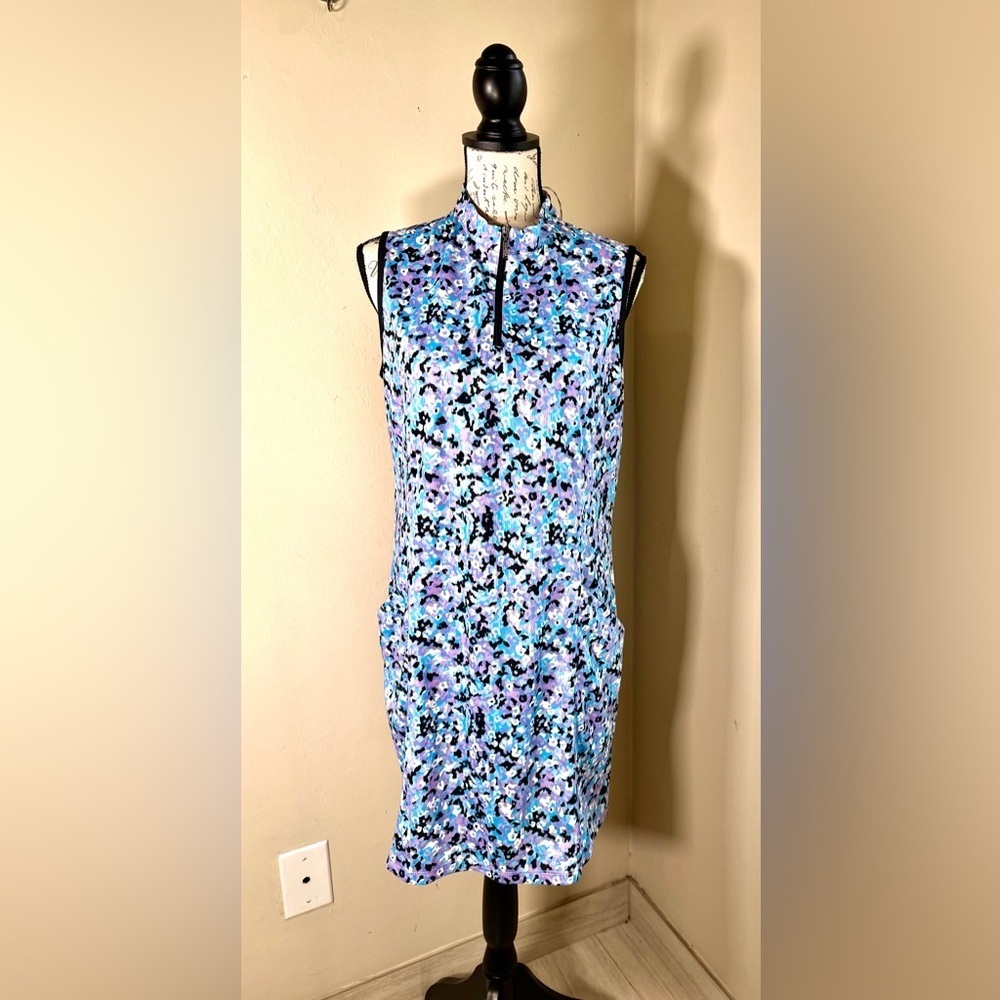 Sleeveless Mini Shift Dress in Blue and Purple Abstract Print